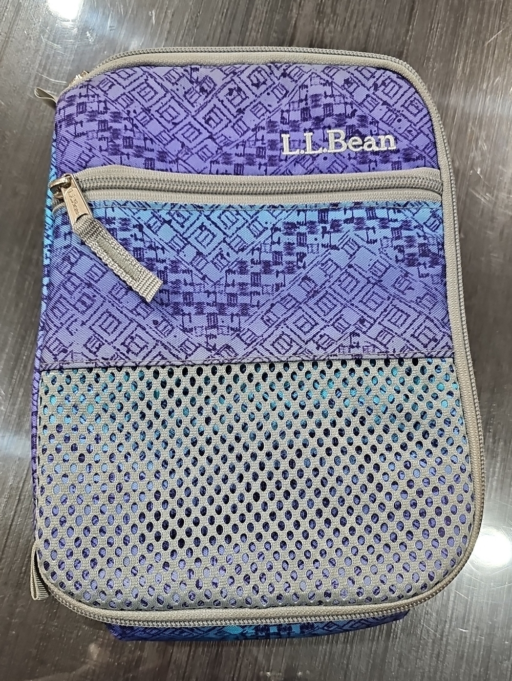 L.L. Bean Insulated Lunch Box Bag Blue Purple Geometric Mesh Pocket